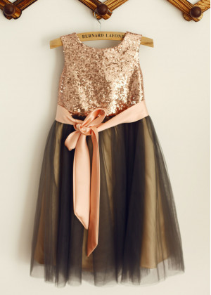 Rose Gold Sequin Black Tulle Wedding Flower Girl Dress